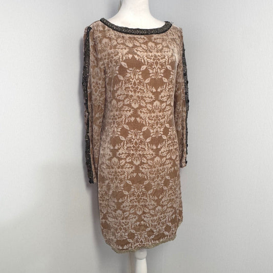 Vintage Velvet Damask Sundance Shift Dress Womens 6 Beaded Trim Long Sleeve Boho