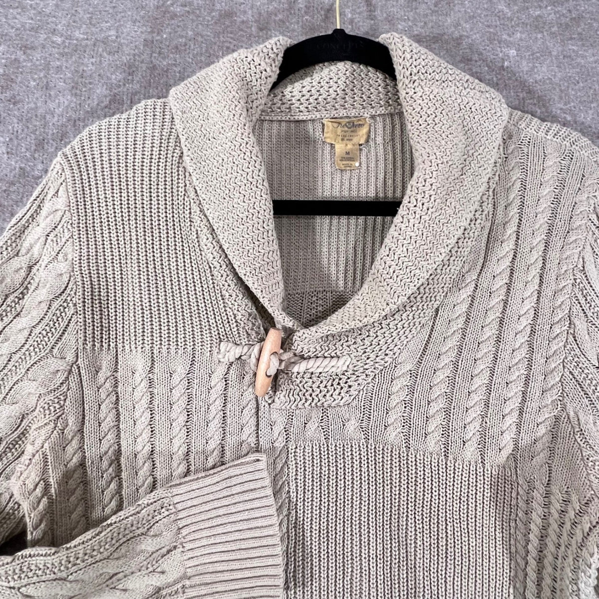 Tre Vero Three Truths Sweater Mens Medium Beige Cable Knit Toggle Shawl Coastal