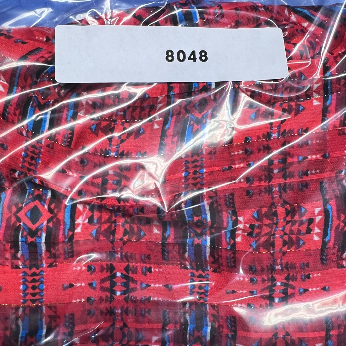 AQUA x PENDLETON Red Blue Geometric Print Ruffle Sleeve Mock Neck Blouse Size S