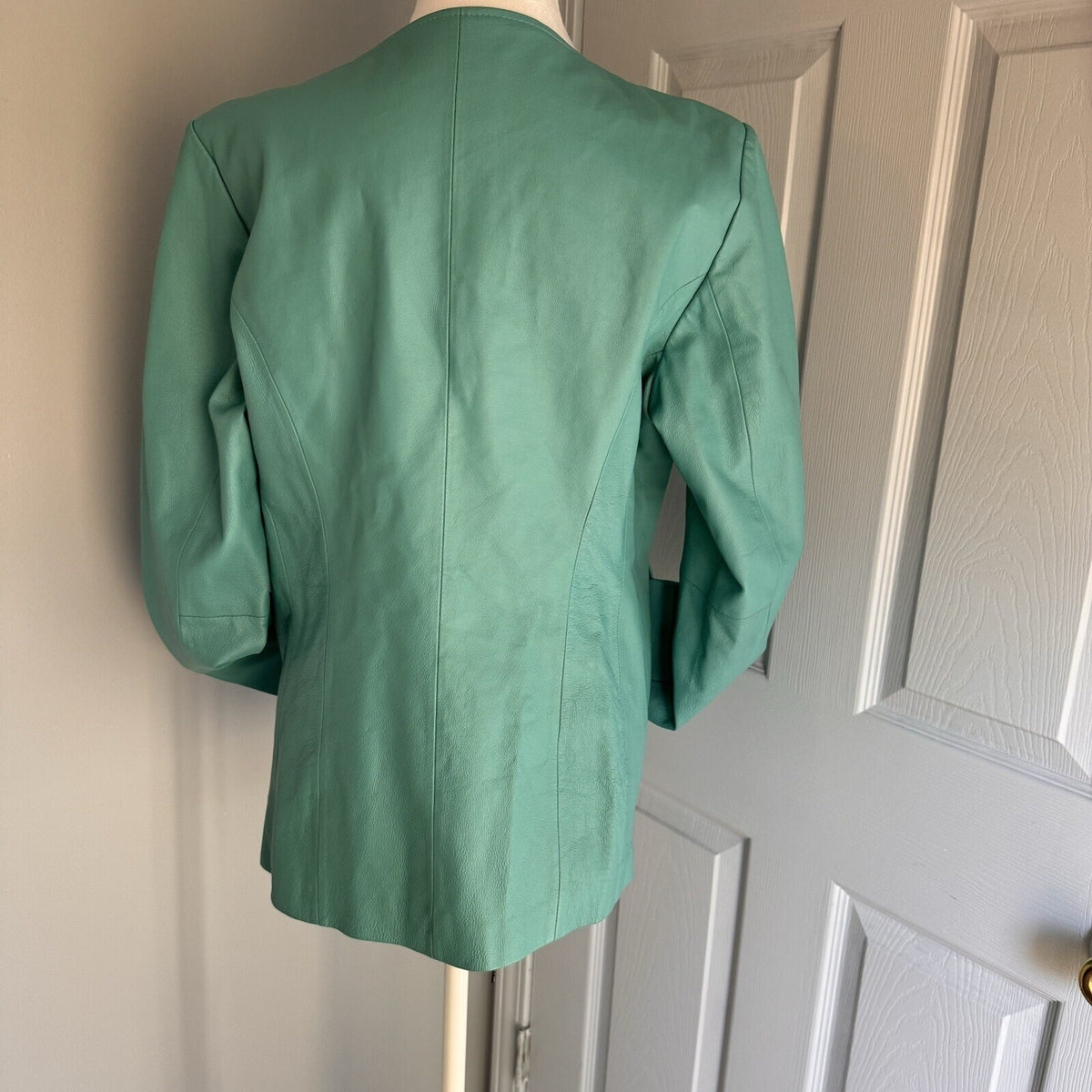 Chadwick's Sz 12 Leather Button Front Collarless Turquoise Jacket w/Pockets