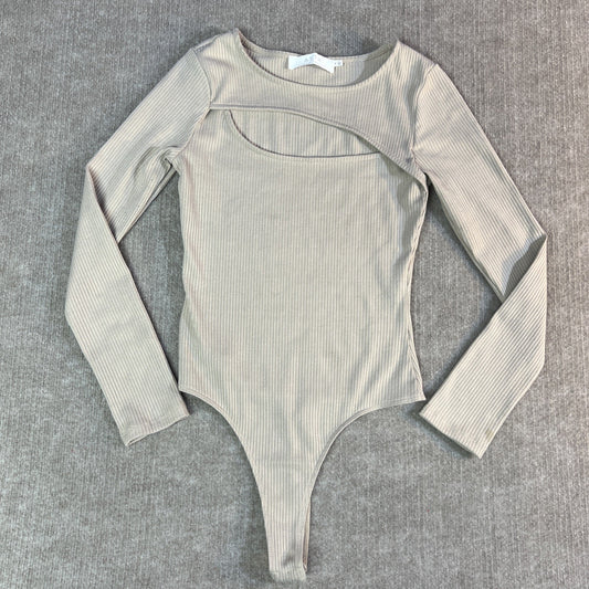 ASTR the Label Sandra Bodysuit Size M Tan Ribbed Cutout Long Sleeve Hi-Cut