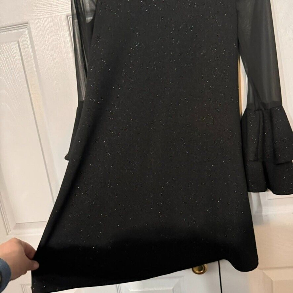Bonnie Jean Sz 16 Girls Sparkle Black Party Dress with Ruffled Cuff Sheer Detail