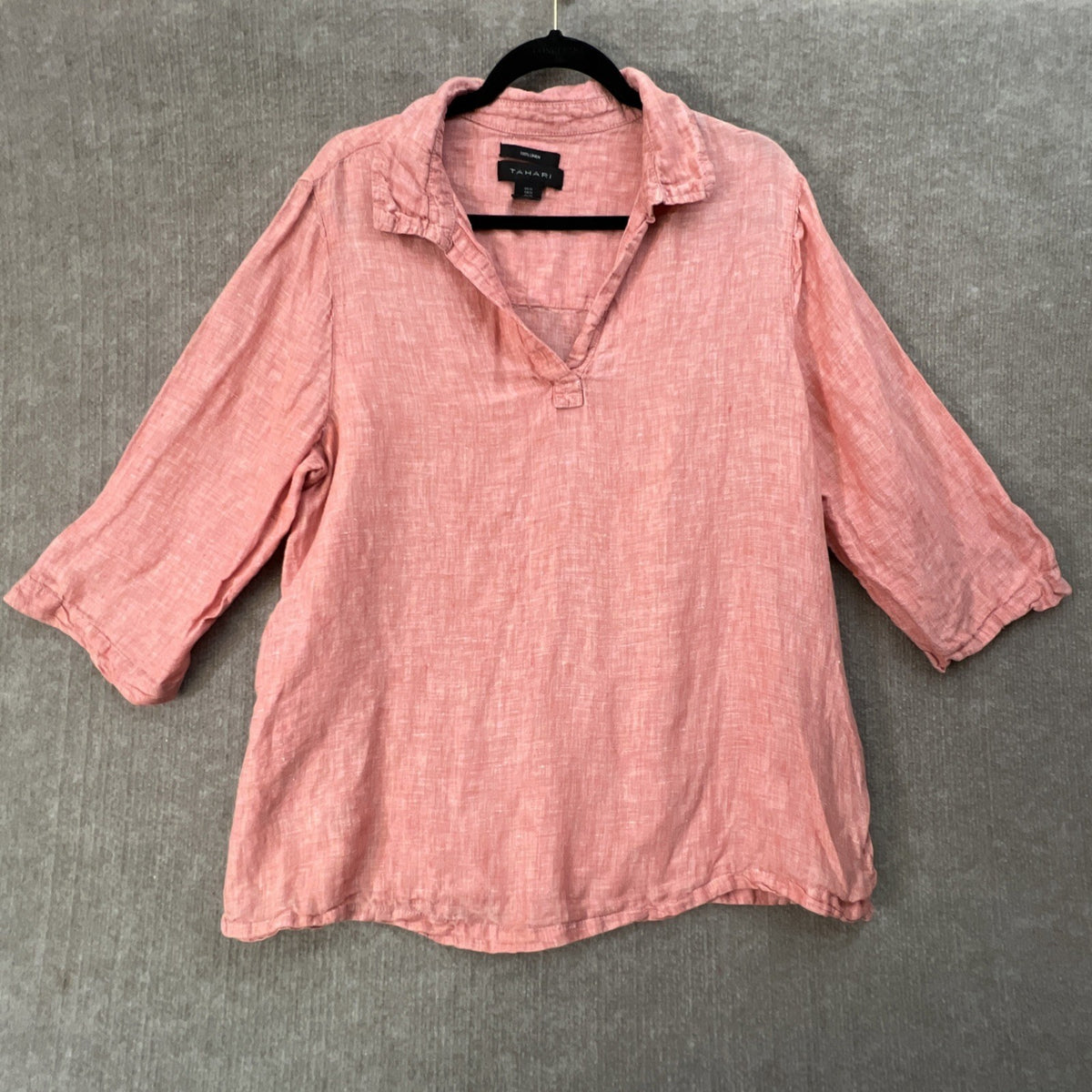Tahari Women’s 1X Linen Blouse Pink V-Neck Short Sleeve Top Plus Size
