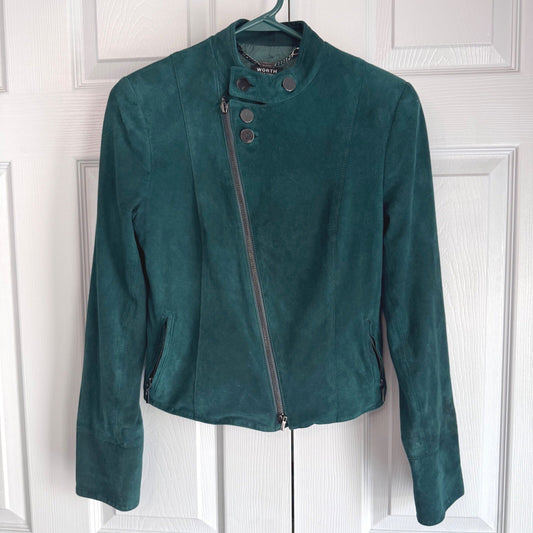Worth New York Suede Leather Moto Jacket Women 2 Teal Green Asymmetrical Biker