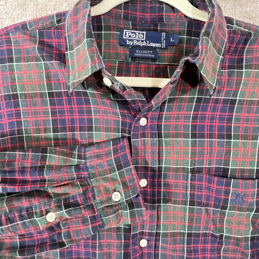Vintage Polo Ralph Lauren Button Mens L Plaid Elliott Cotton Oversized Grunge