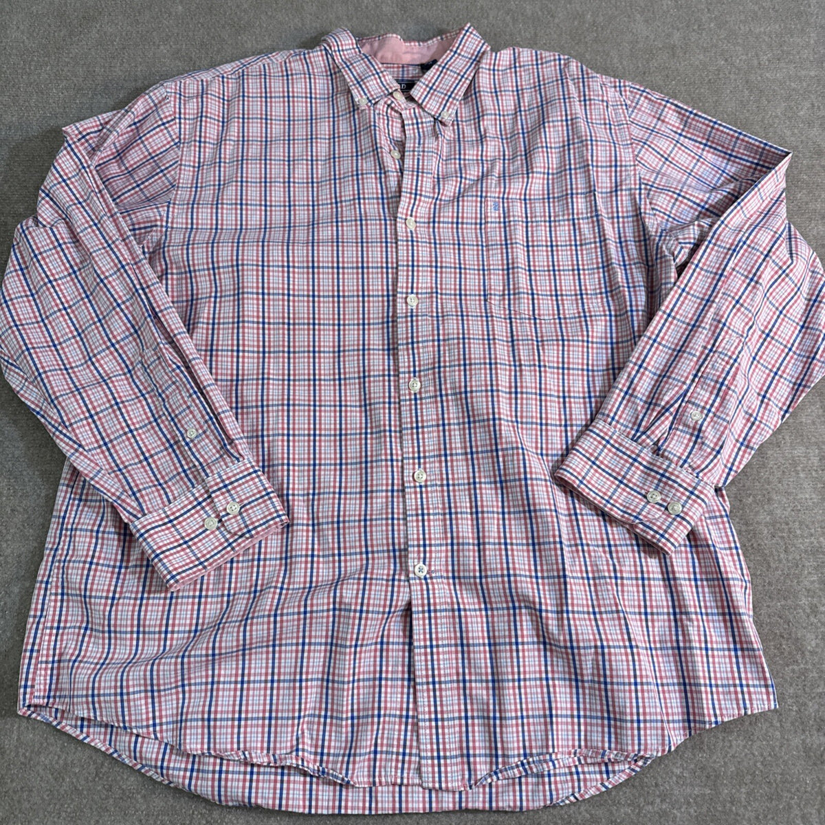 IZOD Premium Essentials Men XL Button up Shirt Contrast Cuff Plaid Red Blue