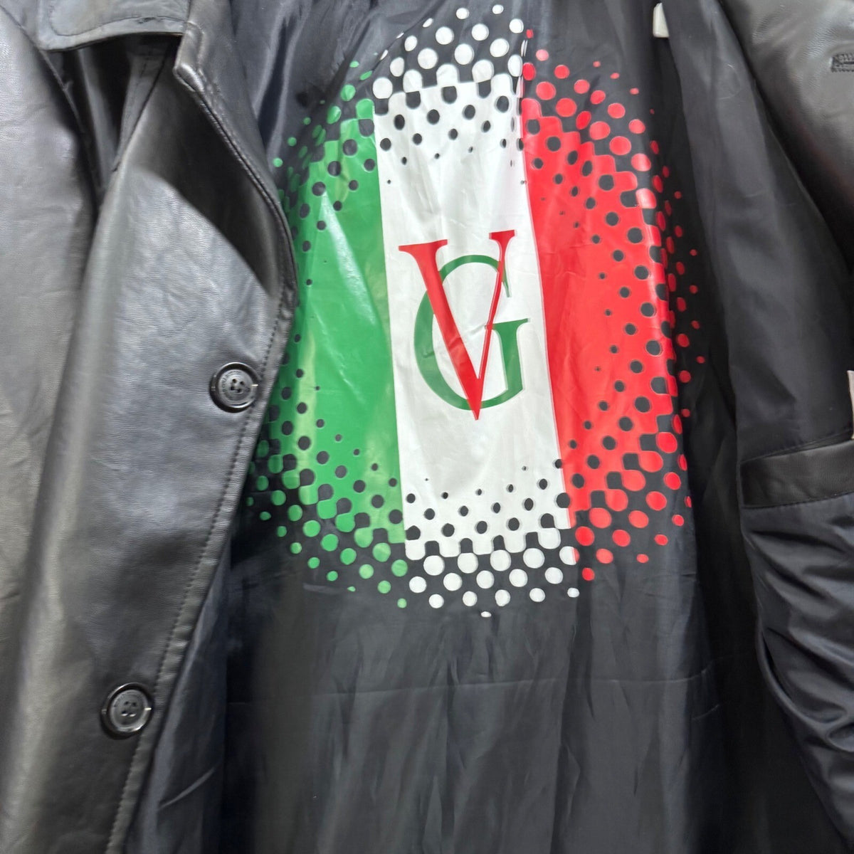 VG World Collection Black Faux Leather Jacket Italian Flag Lining Mens L