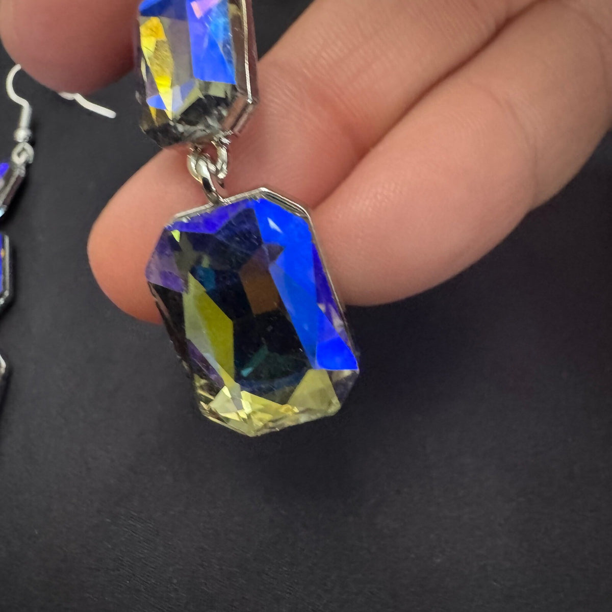 Dangle Drop Earrings Blue Aurora Borealis AB Silver Tone Costume