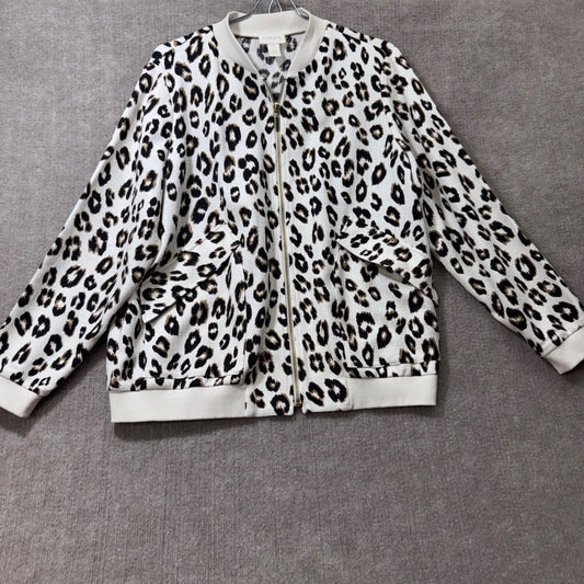 Chicos Sz 2 Leopard Print Bomber Jacket Zip Front Knit Casual Outerwear Large