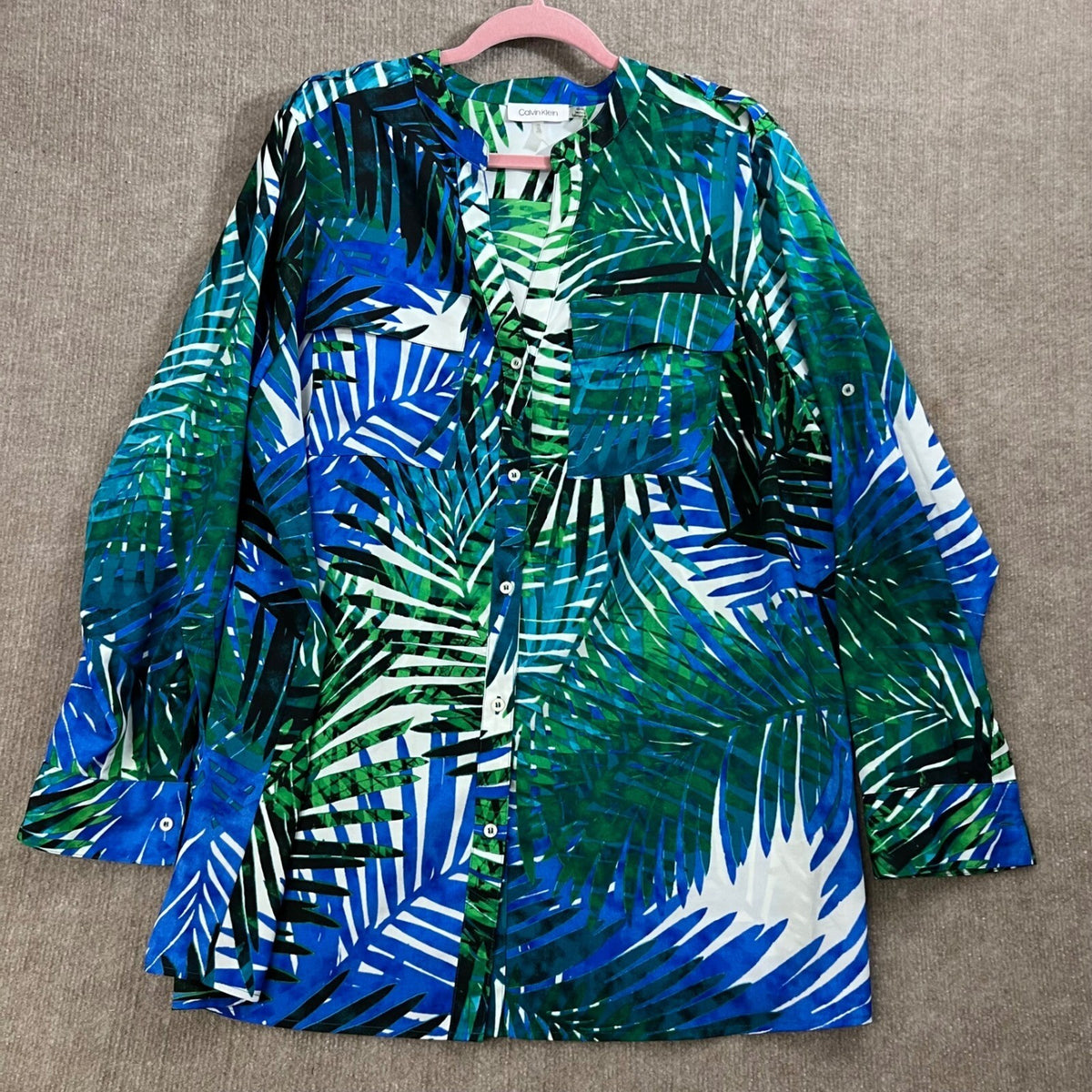 Calvin Klein 1X Palm Print Button Down Blouse Green Blue Tropical Vacation