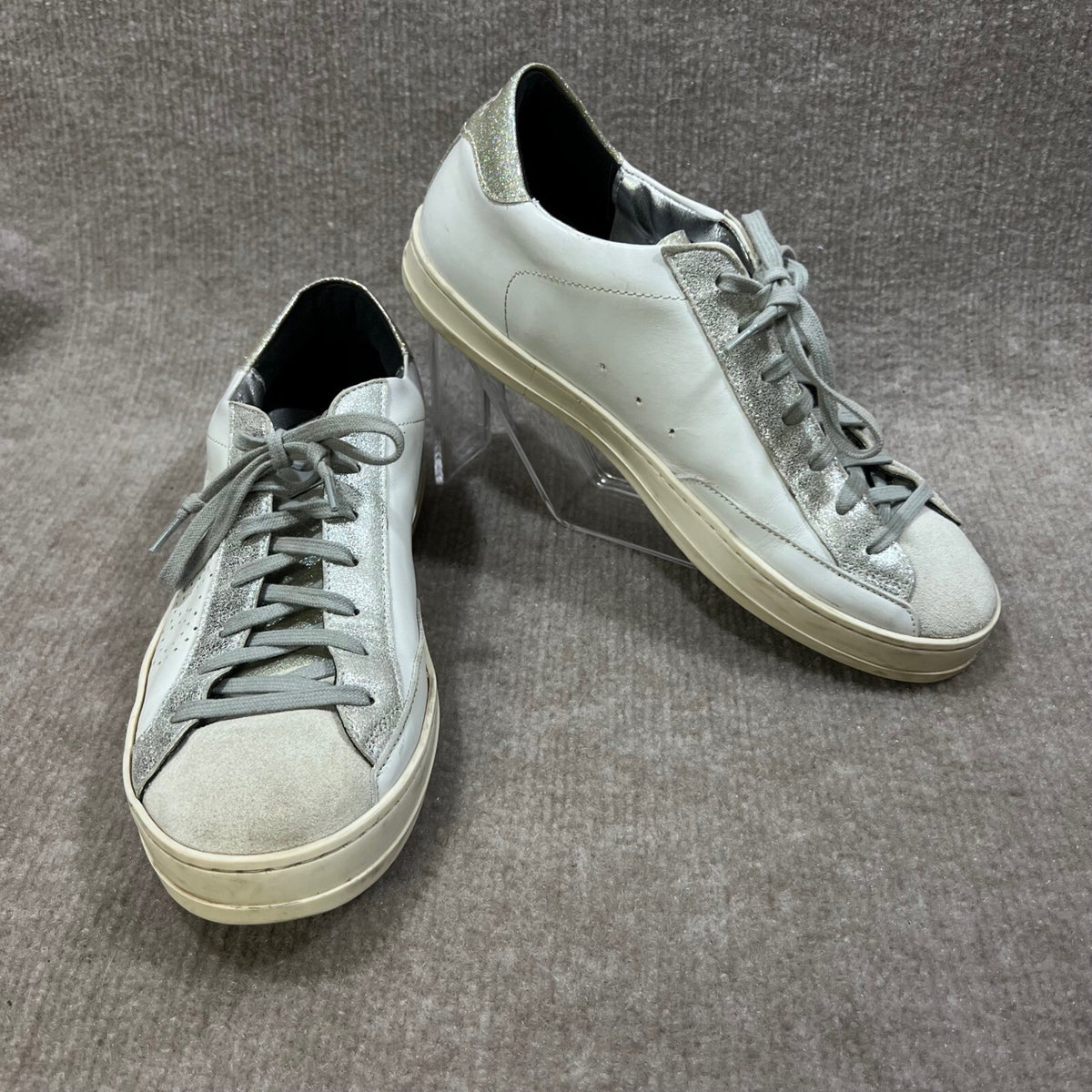 P448 John White Silver Glitter Leather Low Top Sneakers Size 41 US 10