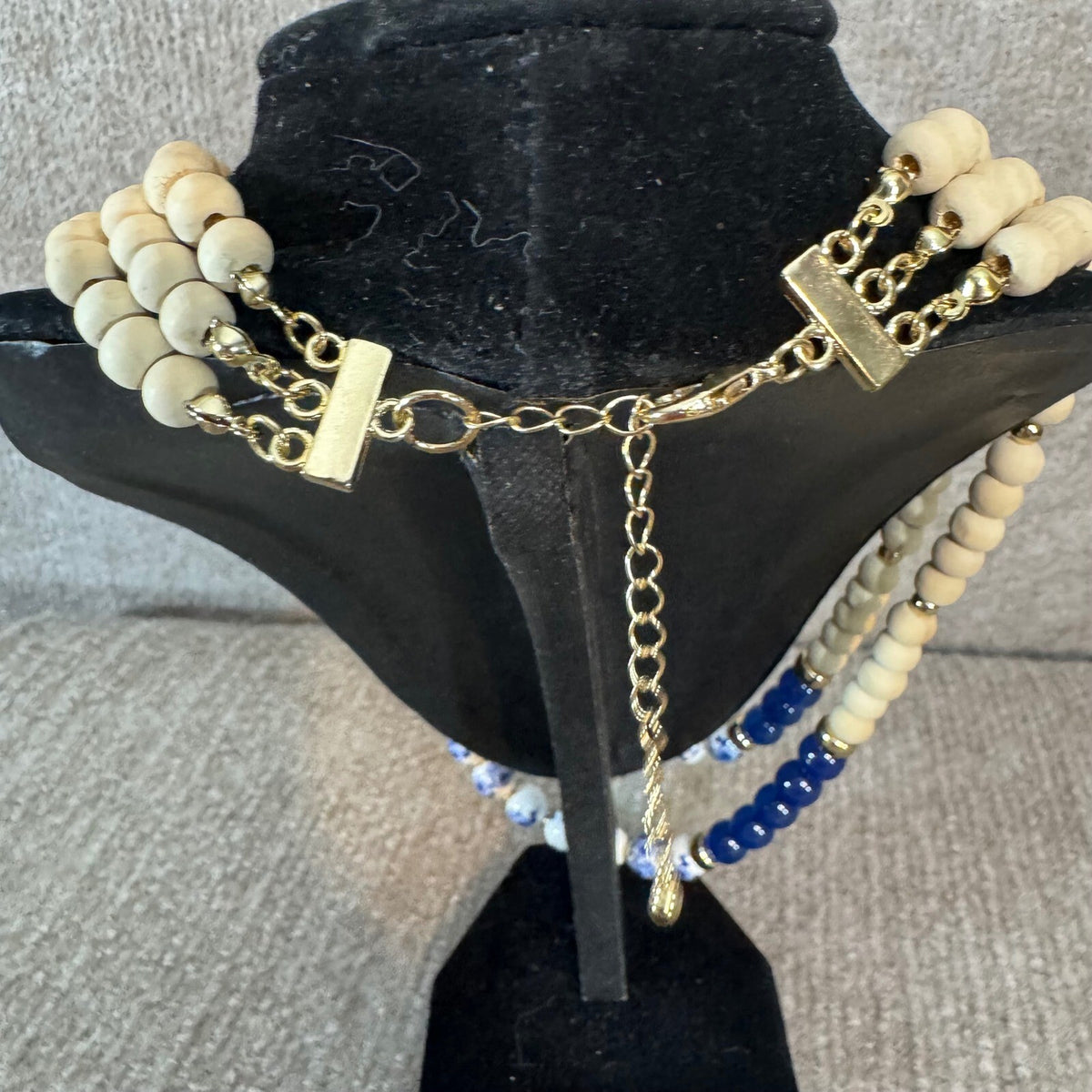 Multi Strand Beaded Necklace Women OS Blue White Wood Ceramic Statement Coastal