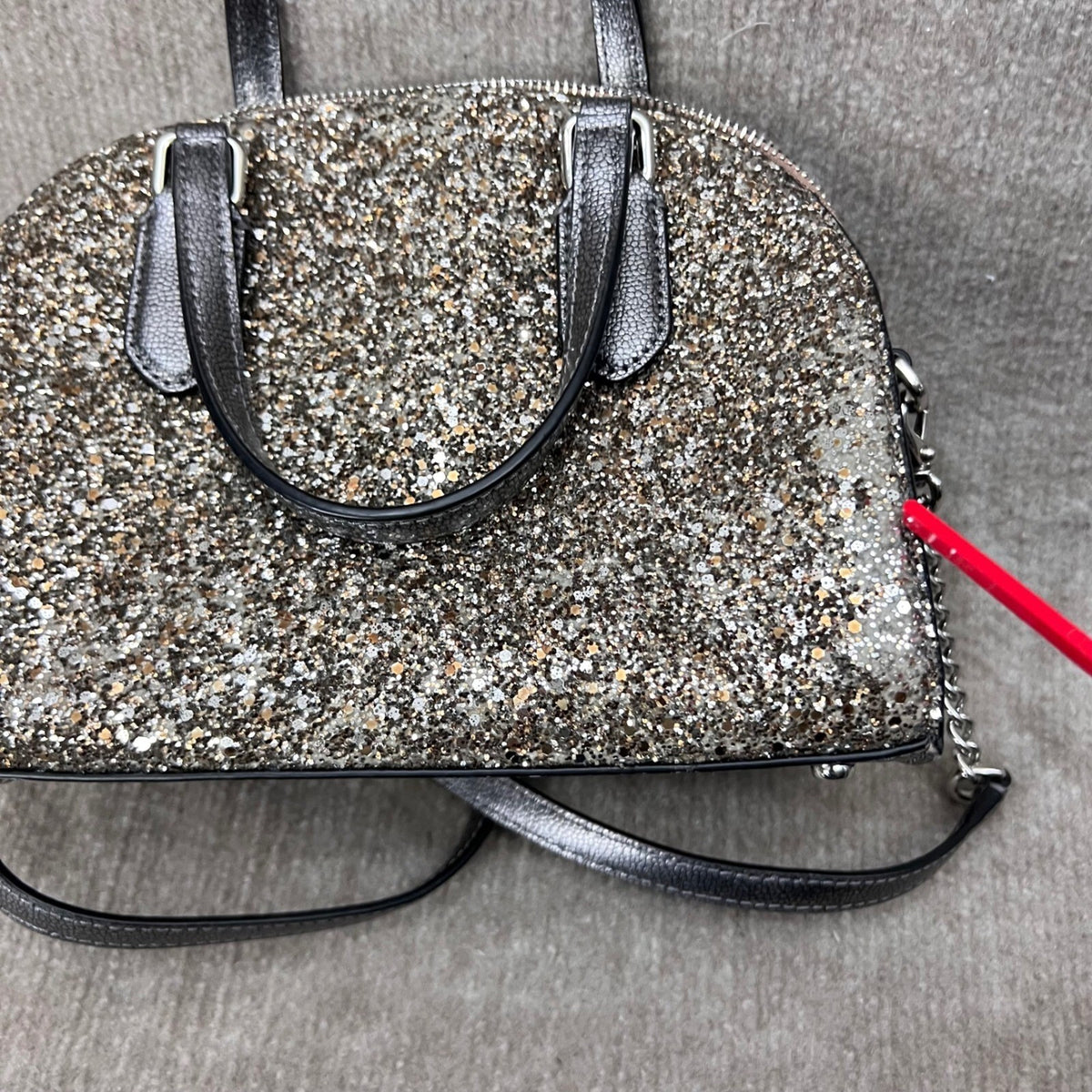 Kate Spade Glitter Dome Satchel Crossbody Bag Sparkle Silver Chain Strap FLAW