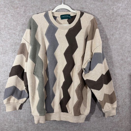 Vintage Tundra Sweater Mens Large Textured Abstract Zig Zag 3d Knit Cosby Style