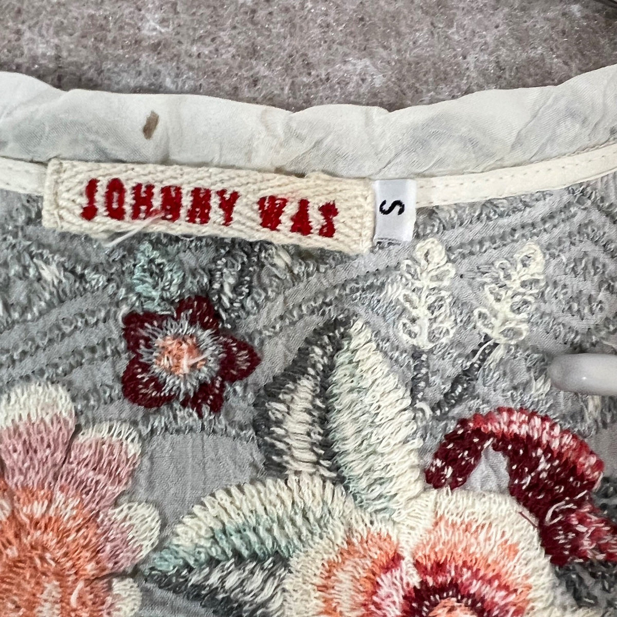 Johnny Was Tunic Womens S White Floral Embroidered V Neck 3/4 Sleeve Boho