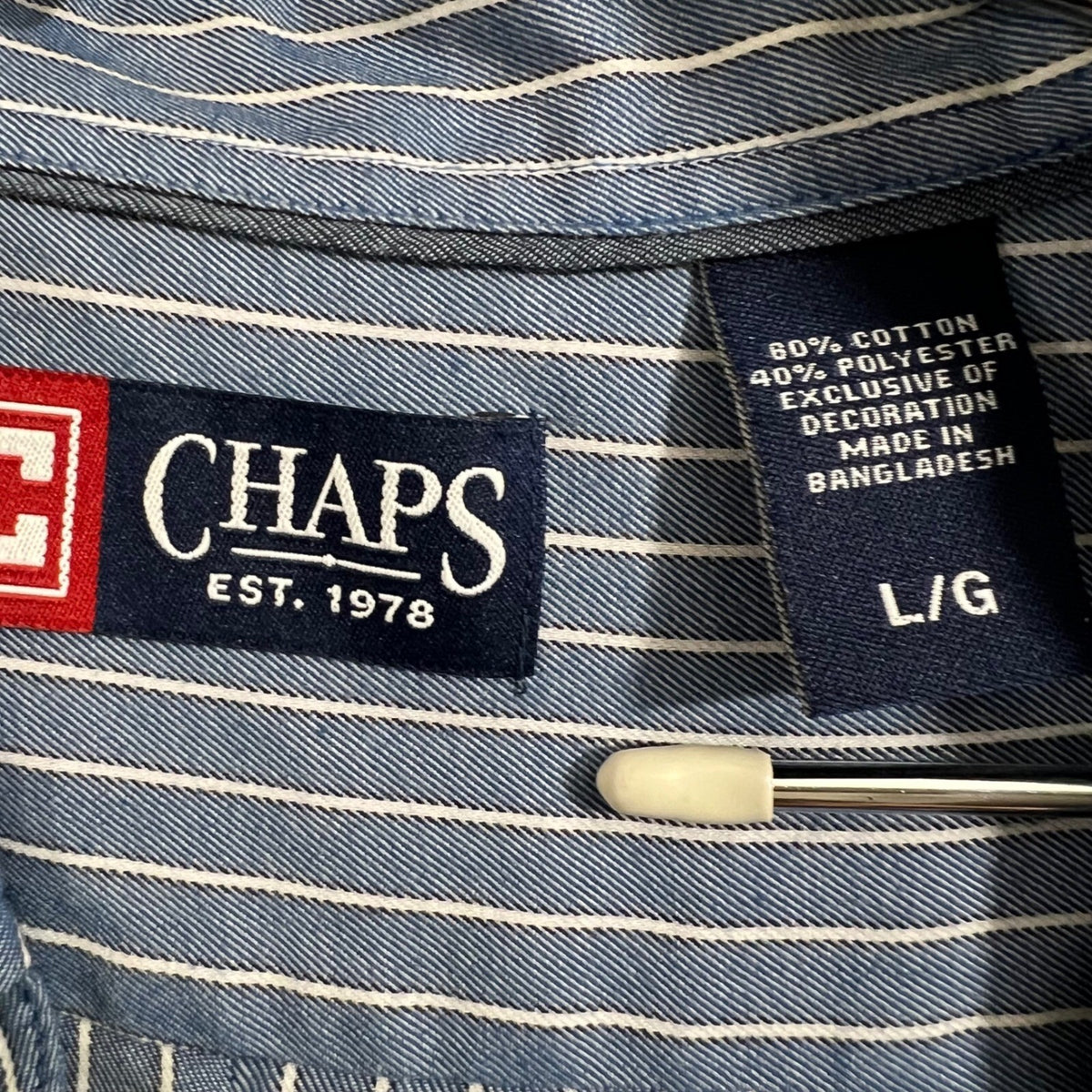 Chaps Est. 1978 Striped Button Down Shirt L/G Blue White Embroidered Logo