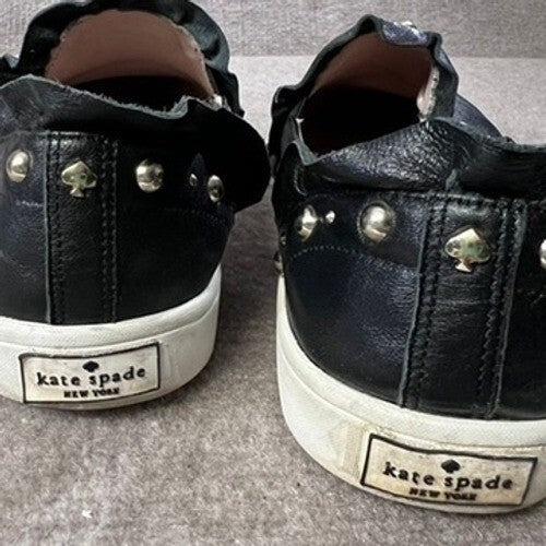 Kate Spade Sz 10 New York Black Leather Studded Ruffle Slip On Sneakers