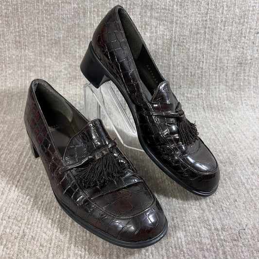 Stuart Weitzman Loafers Women 7B Brown Croc Embossed Tassel Block Heel Preppy