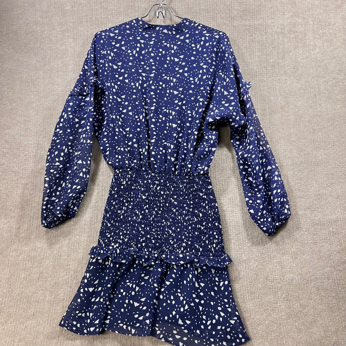 AQUA Navy Blue White Speckled Print Ruffle V Neck Smocked Waist Dress Size S
