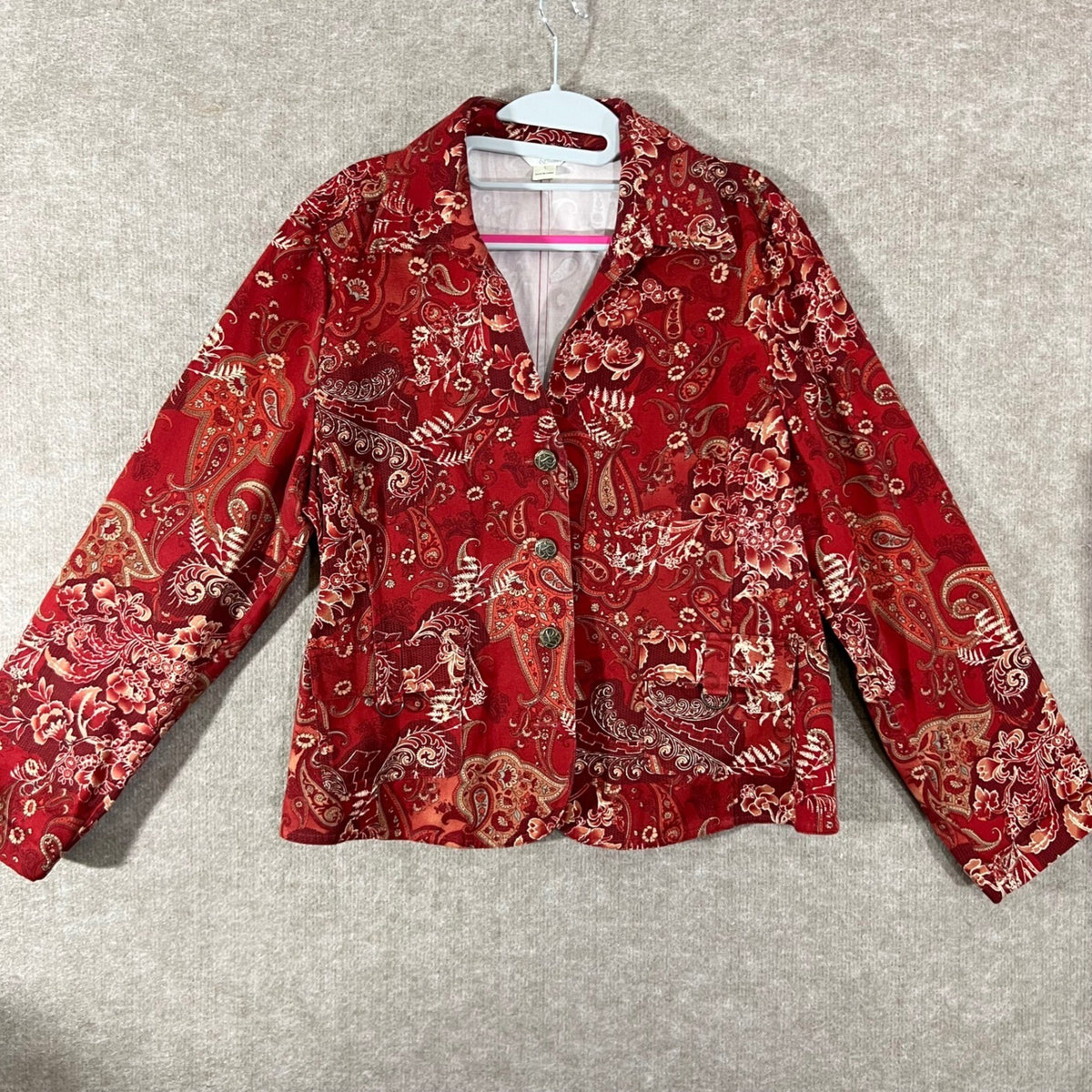 Christopher Banks Paisley Blazer Women Large Red Cotton Button Front Boho
