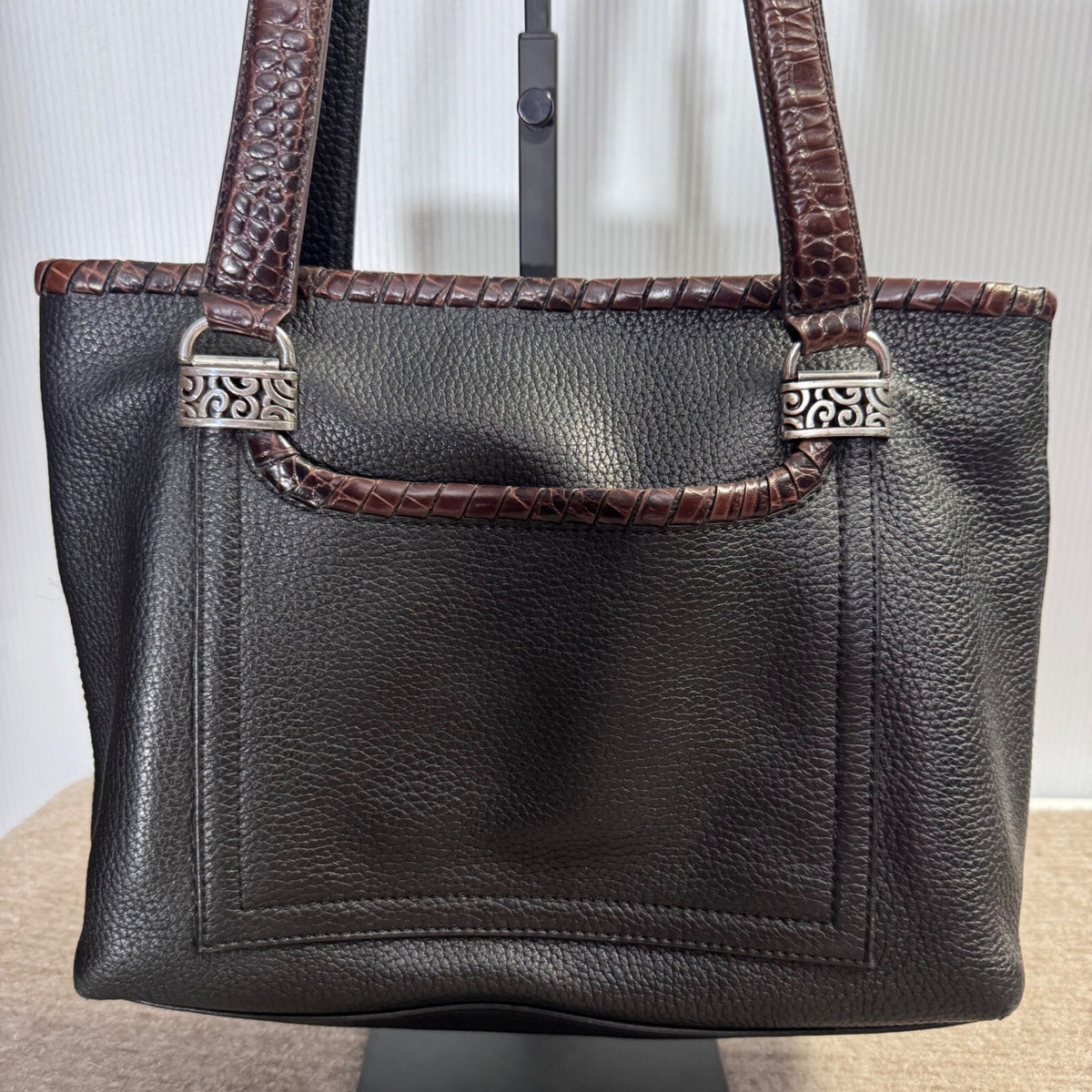 Brighton Leather Tote Bag Womens Black Brown Croc Trim Silver Hardware Classic