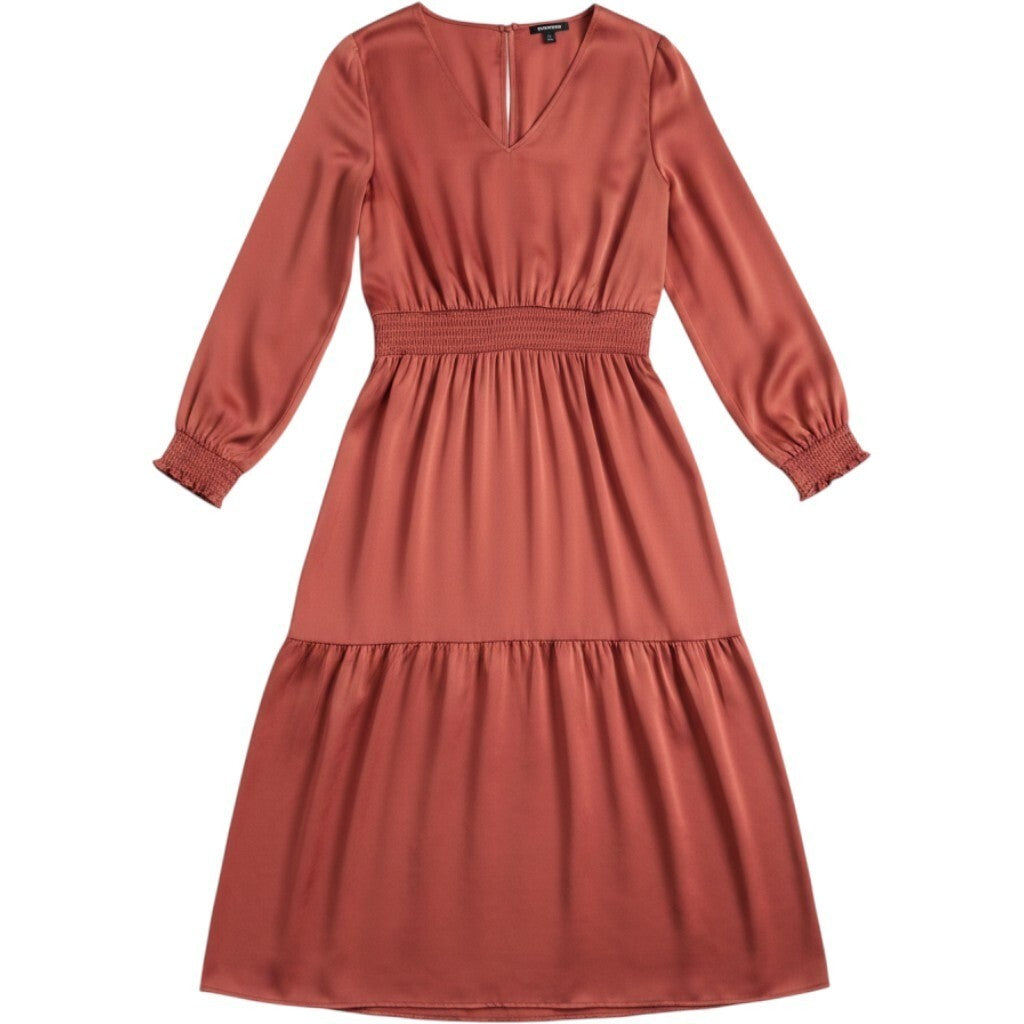 Express Midi Dress Women XL Rust Satin Smocked Waist Tiered Boho Romantic