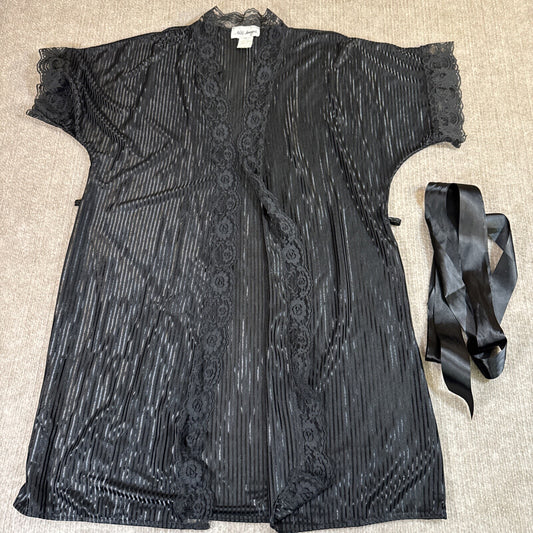 Nite Images Black Sheer Striped Lace Trim Kimono Robe Tie Belt Size Small
