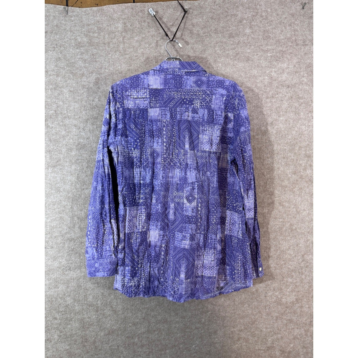 J McLaughlin Lois Crinkle Shirt Womens M Purple Patchwork Button Down 278A2