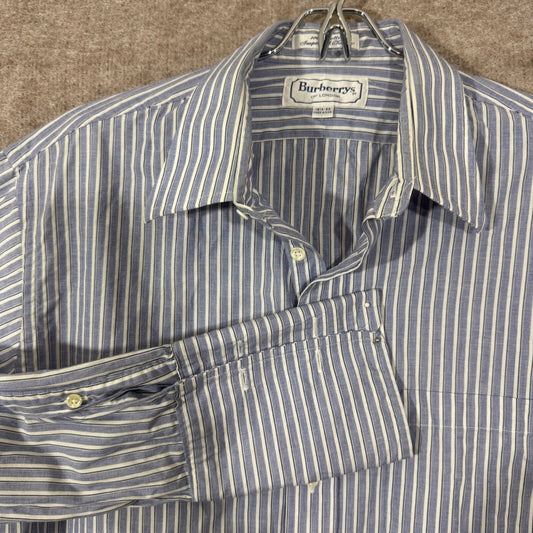 Vintage Burberrys Button Down Shirt Mens 16.5 33 Blue Striped Cotton Minimalist