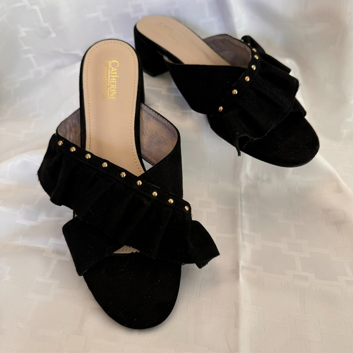 Catherine Malandrino Azaria Mules Women 8.5 Black Faux Suede Ruffle Studded Chic