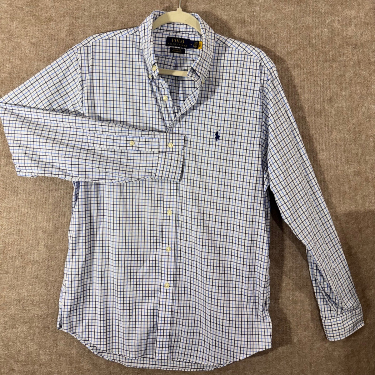 Polo Ralph Lauren Button Down Shirt Mens M Blue Plaid Classic Fit Performance