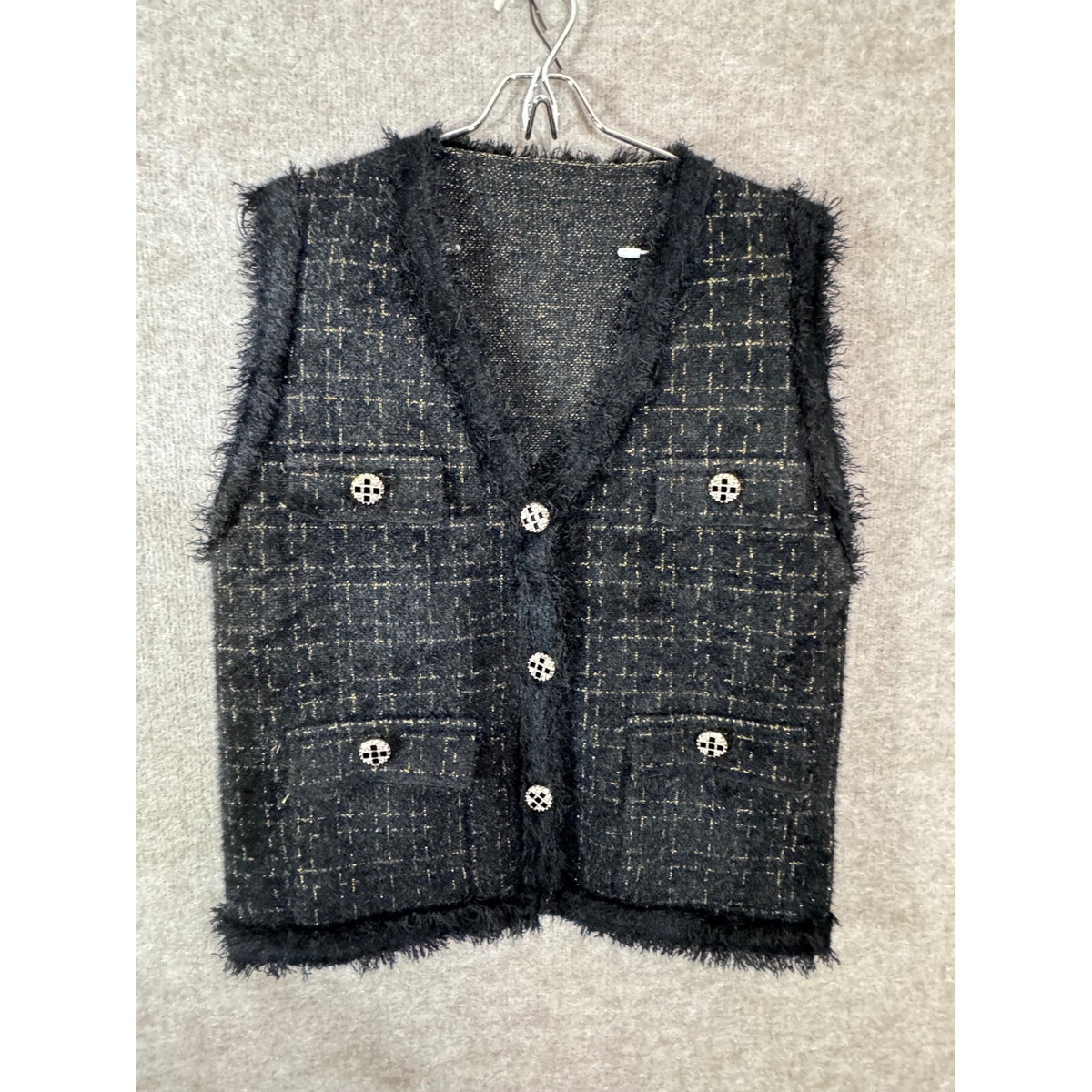 Tweed Button Up Vest Women Large Black Gold Frayed Trim Preppy Coquette