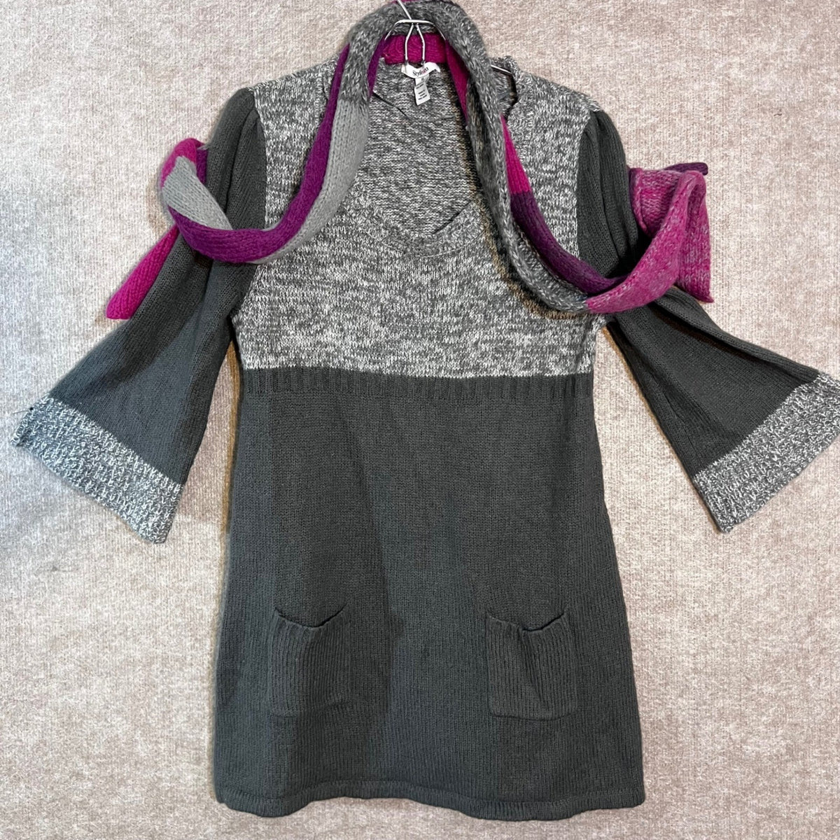 Style & Co Sweater Dress Womens XL Grey Pink Wool Blend Scarf Pockets Boho