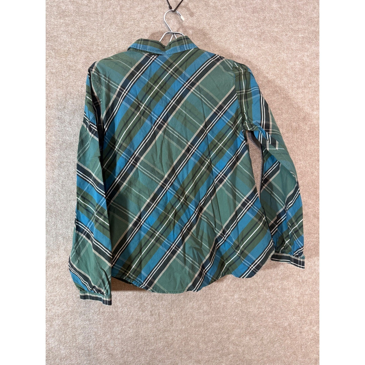 Van Heusen Womens Small Plaid Button Down Shirt Green Blue Cotton Preppy Bias