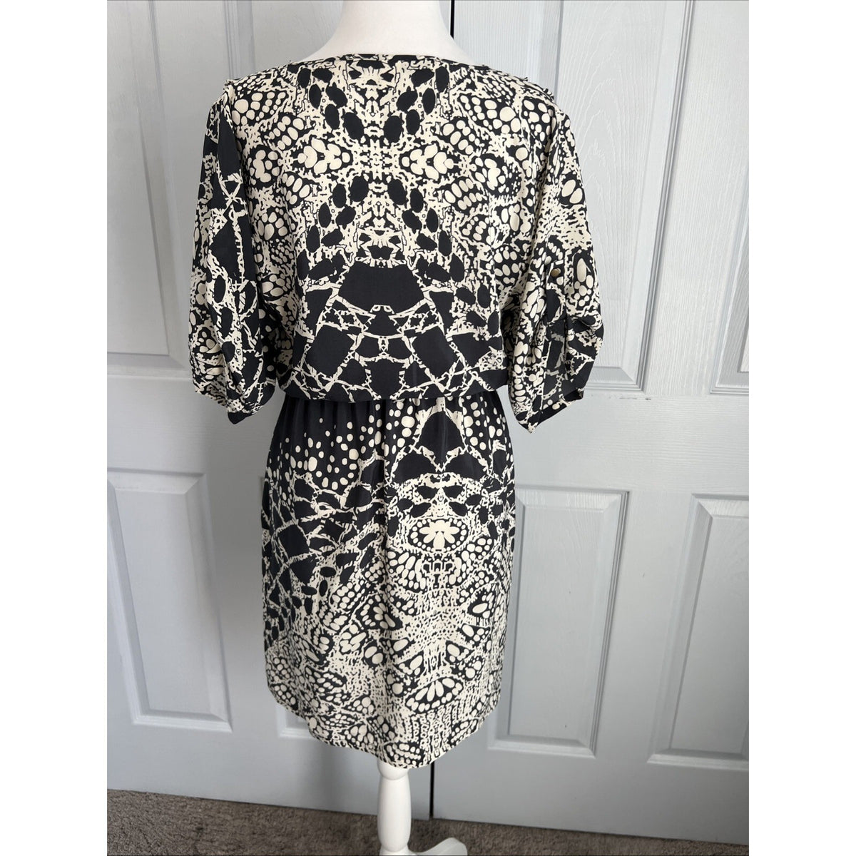 Presley Skye Silk Dress Womens S Gray Geometric Boho Fit Flare Pockets