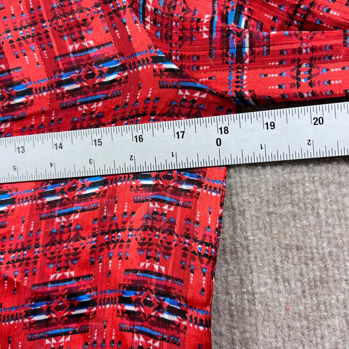 AQUA x PENDLETON Red Blue Geometric Print Ruffle Sleeve Mock Neck Blouse Size S