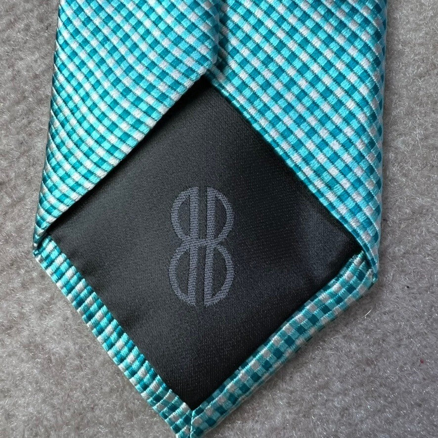 BILL BLASS Silk Tie Aqua Blue Gingham Check Mens Necktie Career Formal