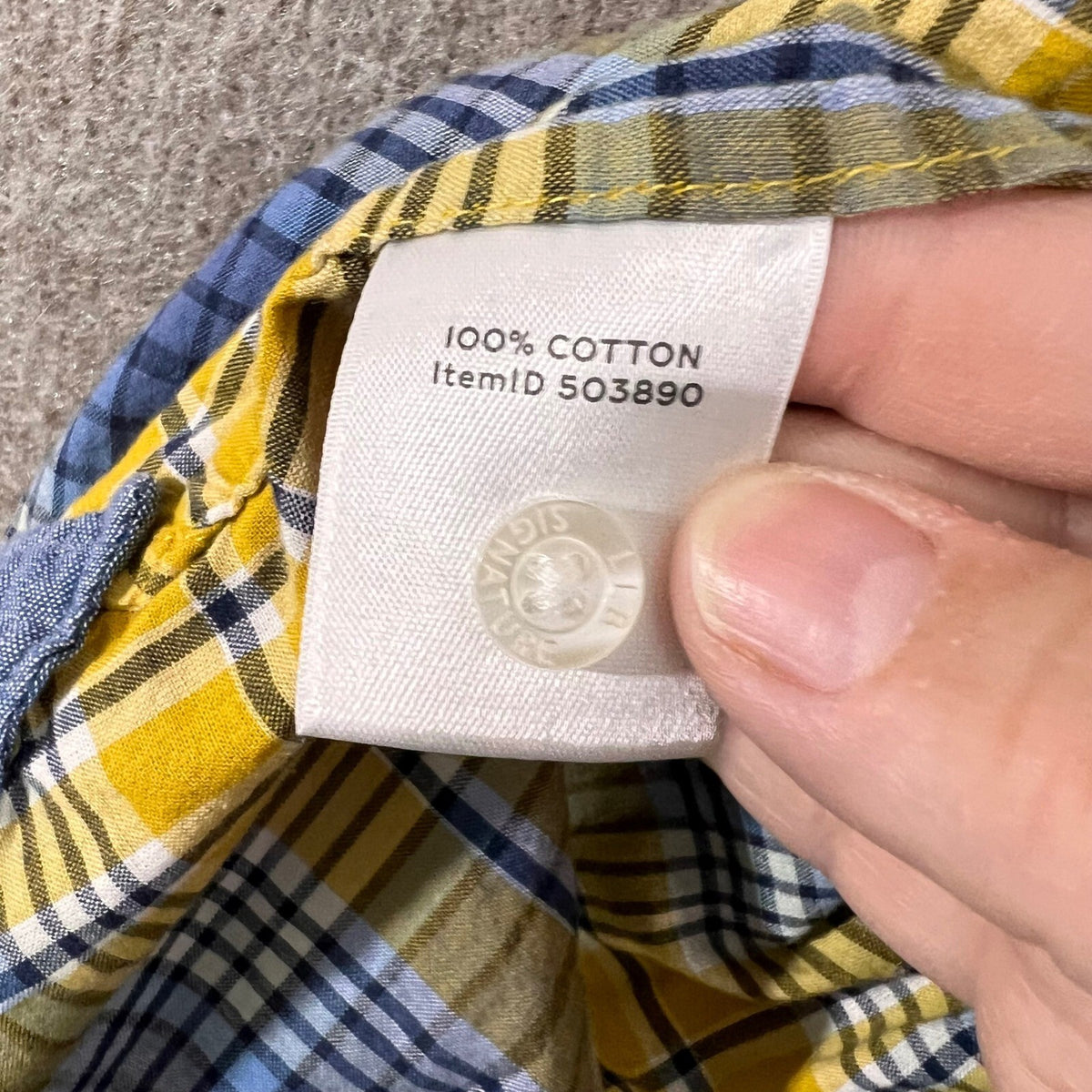 LL Bean Signature Shirt Men Large Slim Fit Yellow Blue Plaid Short Sleeve Cotton