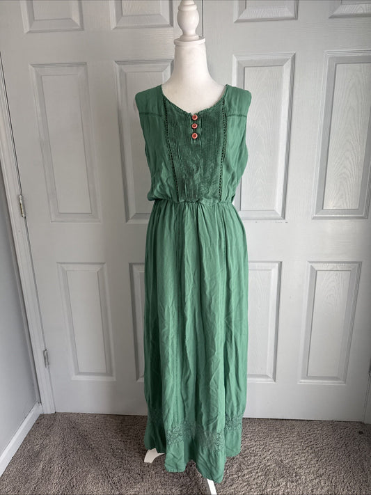 Matilda Jane Green Boho Maxi Dress Women’s M Crochet Hem Prairie Cottagecore