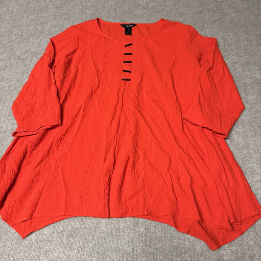 Ali Miles Orange Top Women 1X Red 3/4 Sleeve Trapeze Toggle Detail Lightweight