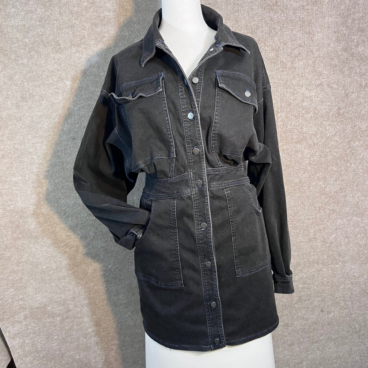 Free People Denim Shirt Dress M Midnight Black Utility Button Front Mini Western