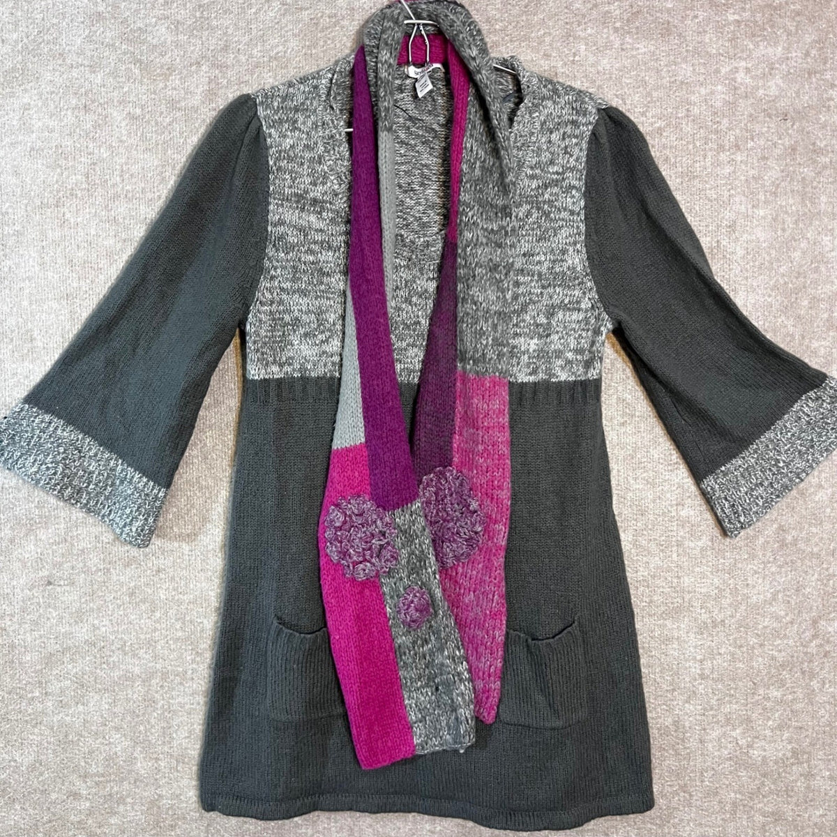 Style & Co Sweater Dress Womens XL Grey Pink Wool Blend Scarf Pockets Boho