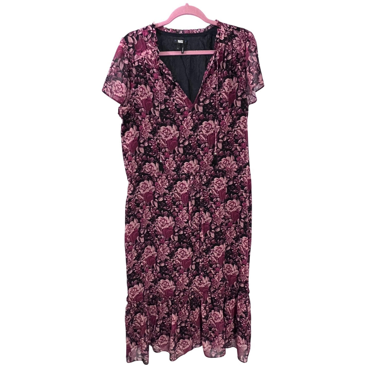 PAIGE Floral Print Midi Dress Purple Pink Black Short Sleeve Womens Size L