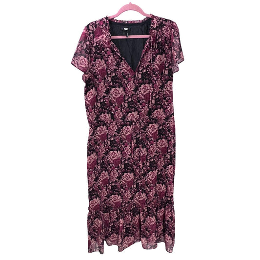 PAIGE Floral Print Midi Dress Purple Pink Black Short Sleeve Womens Size L