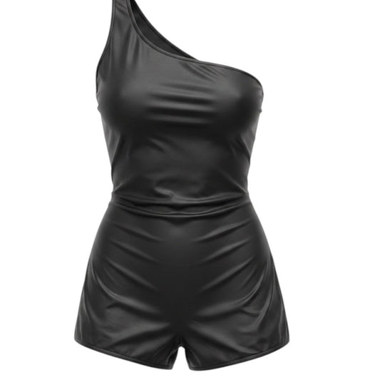 SHEIN Faux Leather Romper Womens L Black One Shoulder Bodycon Clubwear Party