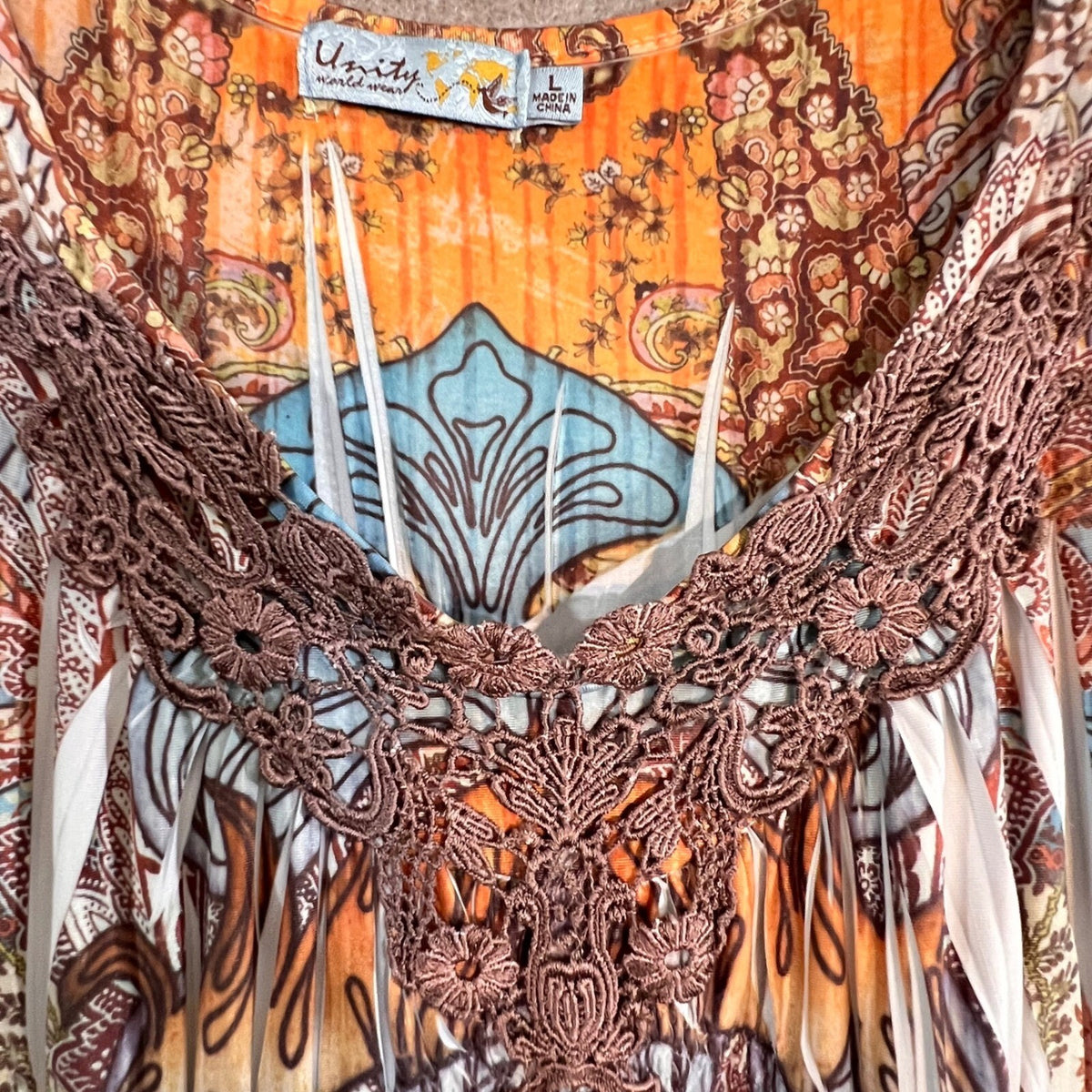 Unity World Wear Dress Womens Large Orange Paisley Crochet Neckline Boho Chic
