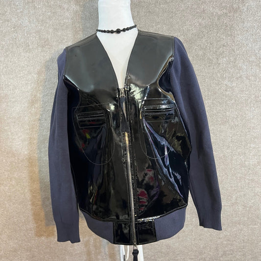 Marni at HM Black Patent Leather Bomber Jacket Womens 8 Knit Sleeve Avant Garde