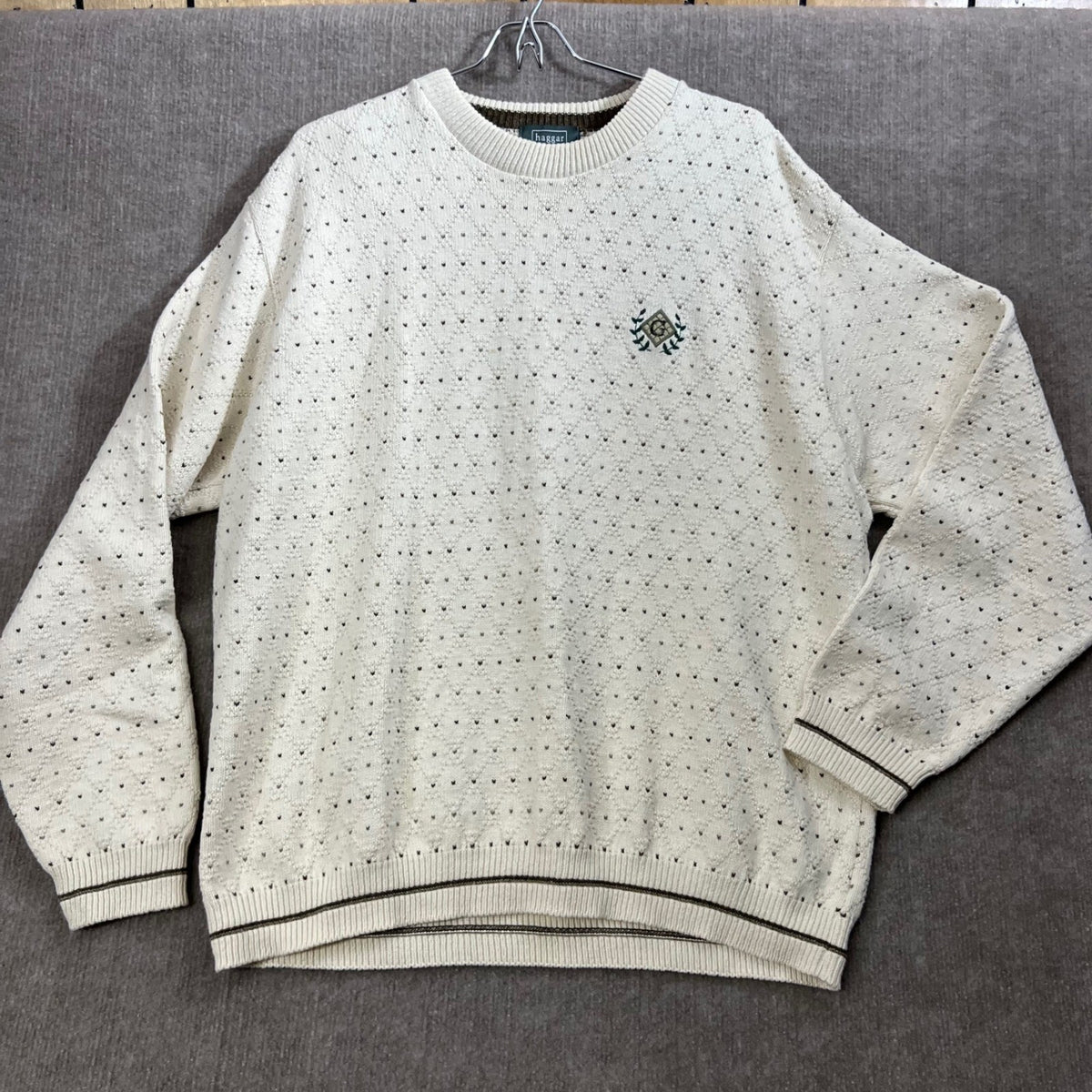 Haggar Tour Mens XL Cream Knit Sweater Cotton Golf Diamond Logo Pullover
