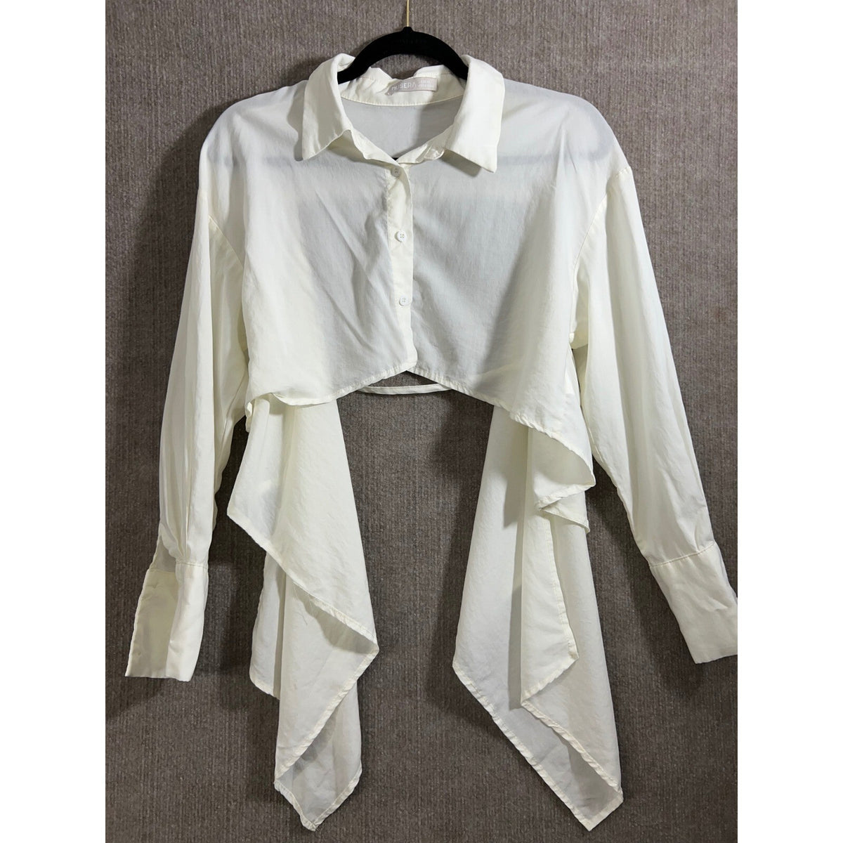 Musera White Button Down Blouse XS Cropped Asymmetrical Draped Long Sleeve Top
