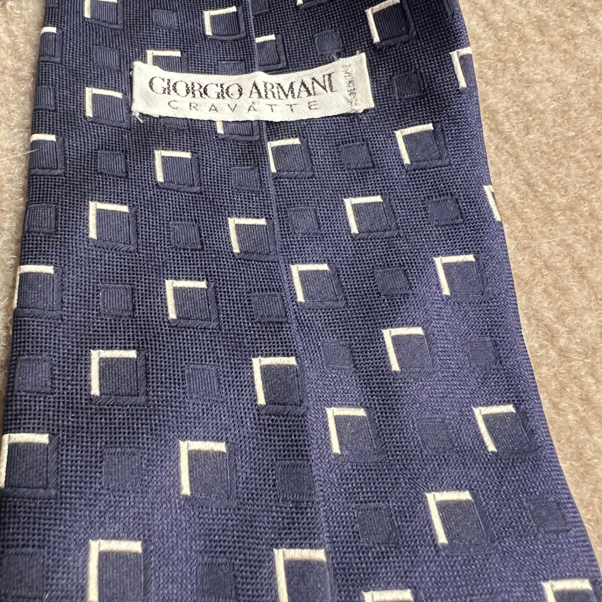 Giorgio Armani Silk Tie Mens OS Navy Blue Geometric Square Pattern Luxury Office